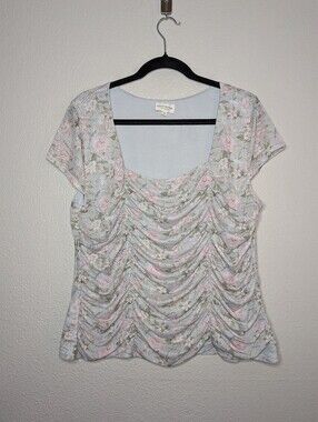 Mixed Threads Light Blue Ruched Floral Renaissance Peasant Drape Top 2X